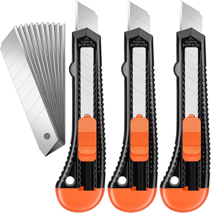 JOYUMY 3 Pack Utility Knife Box Cutter Retractable, Compact Box Knife for Cartons, Cardboard and Boxes, with 10 Piece 18mm Wider Snap-off Blade Razor Sharp Blade, Perfect for Office and Home Use