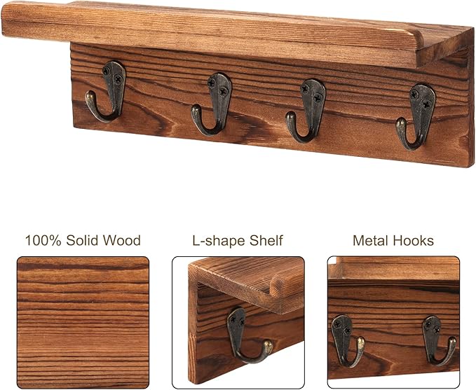HRONRAD Rustic Key Holder for Wall, Farmhouse Wall Shelf with 4 Hooks, Wall Mounted Key Racks, Wooden Mail Organizer with Hooks for Entryway (Brown - Pine)