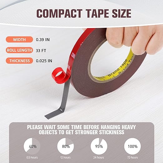 Double Sided Tape, Heavy Duty Mounting Tape Waterproof Foam Tape, 32FT Length, 0.39IN Width for LED Strip Lights, Home/ Office Decor, Made of 3M VHB Tape