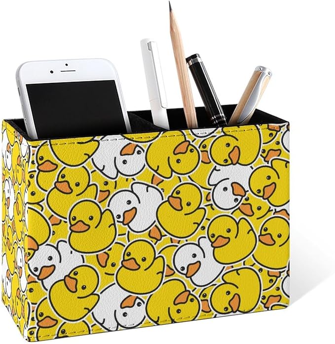 Famame Cartoon Cute Duck Childish Pencil Holder for Desk, Leather Desktop Container Pen Cup Storage Study Table Pen Organizer Makeup Brushes Holder for Office Home