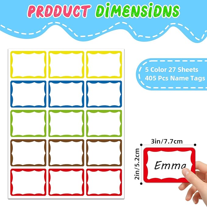 405 Pcs Colorful Name Tag Stickers, 2"x 3" Adhesive Sticky Name Tags Sticker Name Badges Labels for School, Classroom, Reunion, Office, Home, Party
