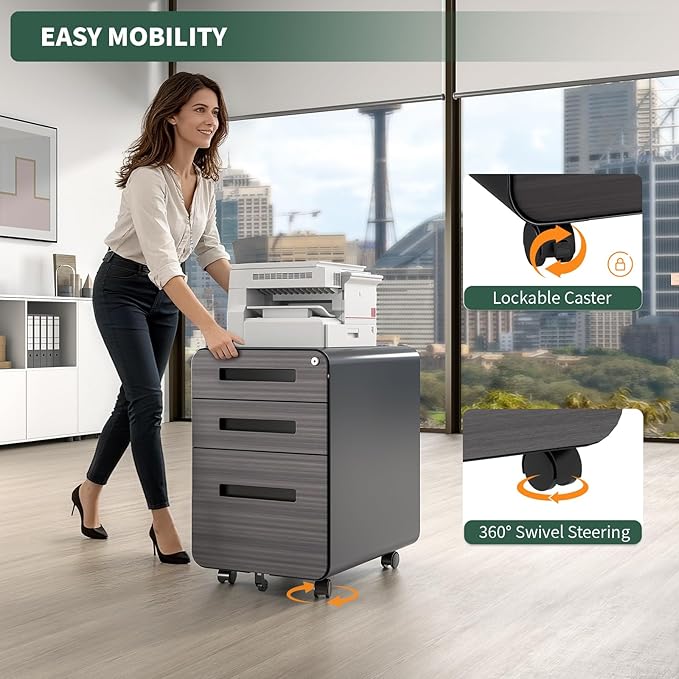 TEEALUBAN 3 Drawer Mobile File Cabinet with Lock,Rolling Under Desk Storage Organizer,Fits A4/Letter/Legal Files, Metal Frame with Wheels for Home & Office