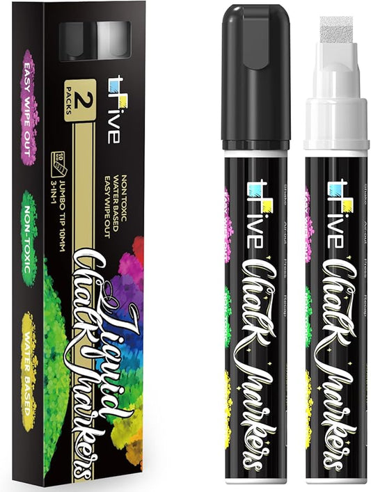 TFIVE White&Black Chalk Markers - 2 Pack Jumbo Liquid Chalk Pens with 10mm 3 in 1 Nib Wide Tips, Dry & Wet Erase Marker Pens for Glass, Chalkboard, BlackBoard, Windows, Calendar, Pumpkin, Mirror