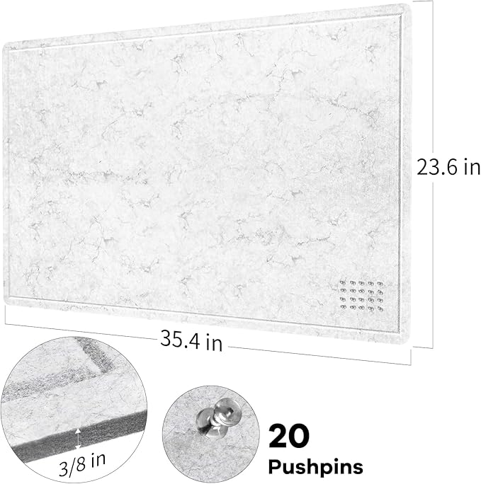 Bulletin Board, 36 x 24 inches Felt Board - Decorative Pin Board, Cork Board Alternative for Wall, 3' x 2' Foldable Self-Adhesive Vision Board with 20 Pushpins - Marble White