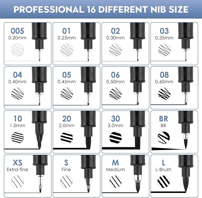 YISAN Black Drawing Art Pens,Micro Fineliner Manga Pens,Calligraphy Pens for Sketching Technical Drawing,16 set 70351