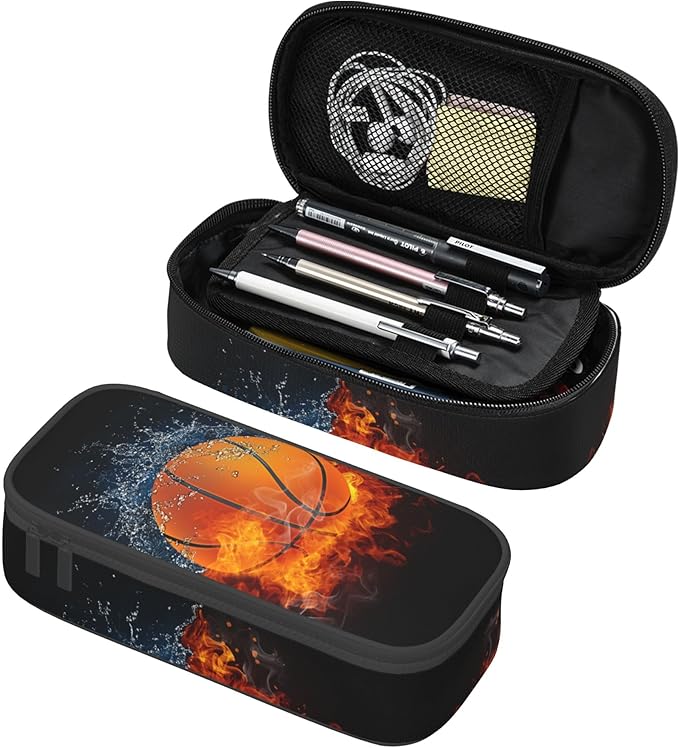 Basketball Pencil Box Black Kids Pencil Case for Boys Youth, Big Capacity Canvas Pen Pouch Marker Bag, Portable Travel Storage Box Desk Office Organizer, Sports-Themed Stationery Organization Bag