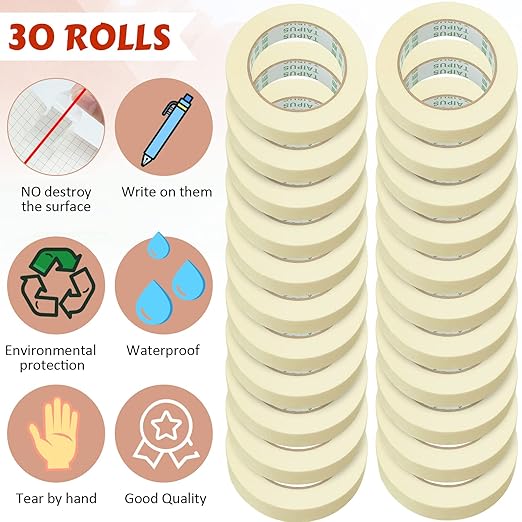 Fainne Masking Tape Bulk General Purpose Masking Painting Tape 55 Yards for Painting Home Office School Stationery Arts Crafts Basic Use, Easy Removal(30 Rolls,1 Inch)