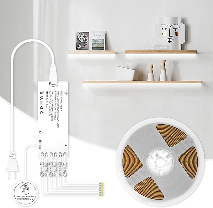CUBITOR Under Cabinet COB Led Light Strip kit,16.4ft/5m Cuttable 6500K,Diffused Power with 6 Output Ports,Touch Switch&Dimmer Strip for Gun Safe Case,Book Shelf,Floating Shelf,Wall Panel,Home Decor