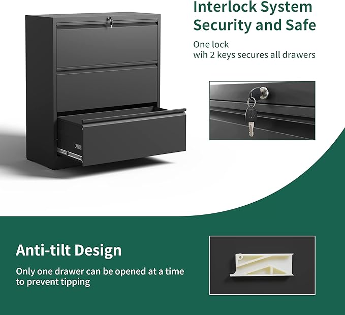 Yukimo 3 Drawer Lateral File Cabinet, File Cabinets for Home Office Legal/Letter A4 Size, File Cabinet with 3 Drawer Cabinet, Require Assembly, Black
