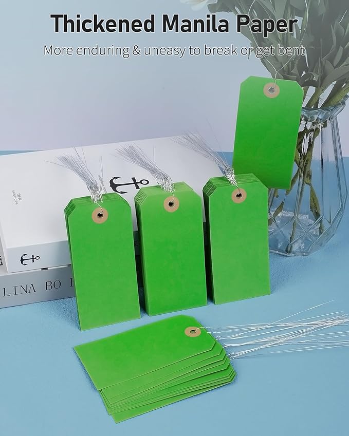 Uniclife 100 Pcs Green Blank Shipping Tags with Wire Attached 4.7 Inch Paper Tags Hang Tag with Reinforced Eyelet Large Marking Label Writable Price Inventory Label Tag, 4.7" x 2 3/8"