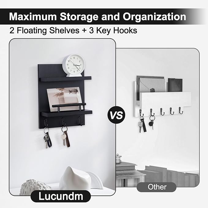 Lucundm Key Holder Wall Mount, Mail Shelf Decor with 3 Key Hooks, Versatile Wood Wall Organizer for Entryway Hallway (8.2” x 10.6”x 3.6”) (Black)