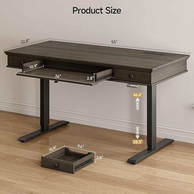 ONBRILL Standing Desk with Drawers, 55 x 23 Inch Electric Height Adjustable Desk with Storage & Outlets, for Computer Workstation, Home Office, Retro Curved Table Corner Design, Black Walnut