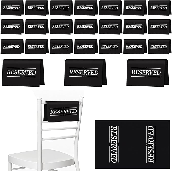 24 Pcs Reserved Seating Signs Reserved Chair Sign Printed Placeholder for Church Pew, Wedding, Party Events (Black, 24 Pcs)