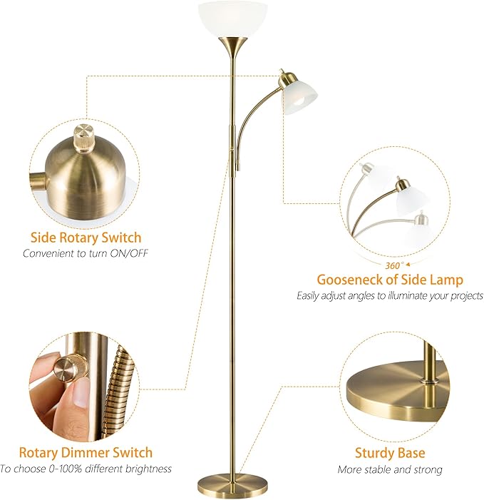 Floor Lamp, Dimmable Standing lamp, Stepless Dimming Brightness, Included 9W and 5W LED Bulbs, Industrial Floor Lamp for Living Room, Bedroom, Office, Reading