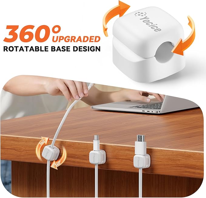 Yocice 6Pack Rotatable Cord Organizer,Spring Cable Clips Desk Cable Management Cord Holder Adhesive Phone Charger Cord Clips for Home Office Car Wall Nightstand Accessories, White