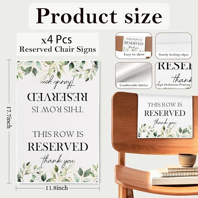 ChissNook Reserved Seating Chair Signs, This Row Is Reserved Pew Cloths Seating Placeholder for Church Pews, Wedding Decorations for Reception Parties Celebrations Event Meetings (Green, 4 PCS)