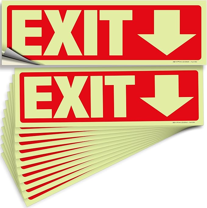 iSYFIX Exit Stickers Signs with Directional Down Arrow 12 Pack 12x4 Inch - Glow in the Dark Photoluminescent Vinyl for Office, School, Business, Warehouse - UV & Weather Resistant for Indoor/Outdoor Use