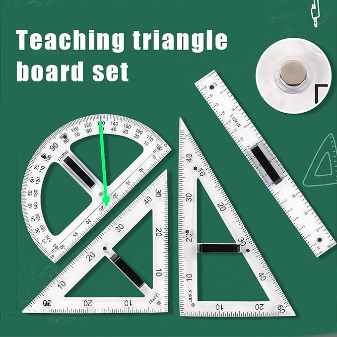 Magnetic Geometry Tool, Protractor, Triangle Rulers Easy Attachment Blackboard Measurement Kit, Teacher Board Protractor Multi-Purpose Kit Large (Transparent-2pc)