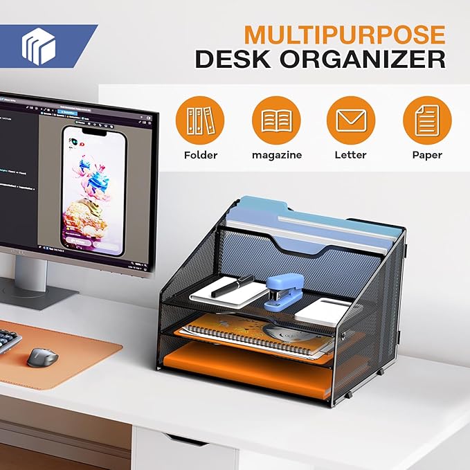 GAWERK Letter Tray Organizer, Mesh Desk File Organizer with 3 Paper Trays and 2 Vertical Upright Section, Blank