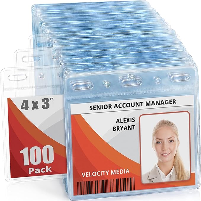Mifflin-USA Horizontal No Zip Card Protector with Metal Clip and Vinyl Straps (Clear, 4x3 Inch, 100 Pack), Quick Load PVC ID Name Badge with Clips