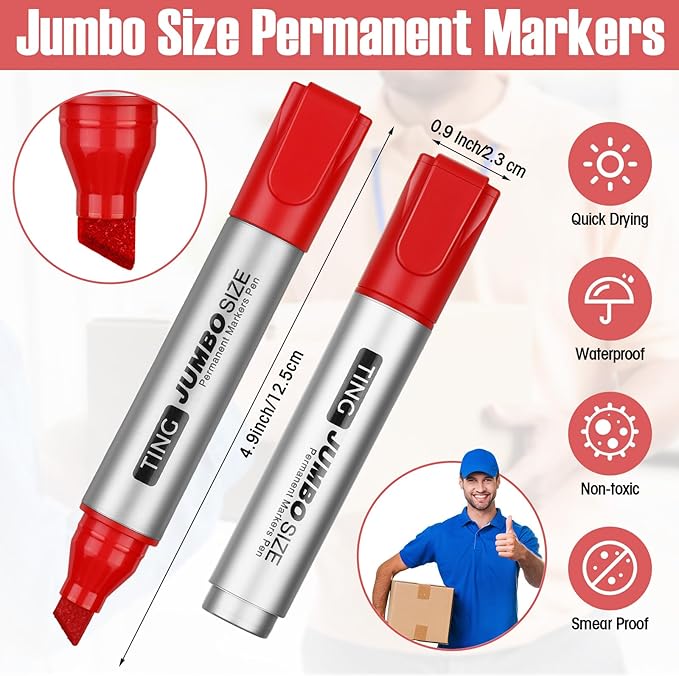 Fuutreo 32 Pcs Jumbo Permanent Markers Bulk Large Chisel Tip Permanent Markers Waterproof Jumbo Pens Quick Drying Office Supplies(Red)