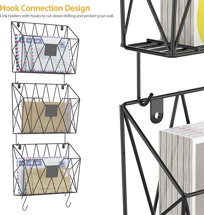 CADUKE 6 Pack Wall File Organizer, Metal Hanging Folder Holder Mail Magazine Organizer Wall Mounted with Hooks & Label Panels for Office Home, Black
