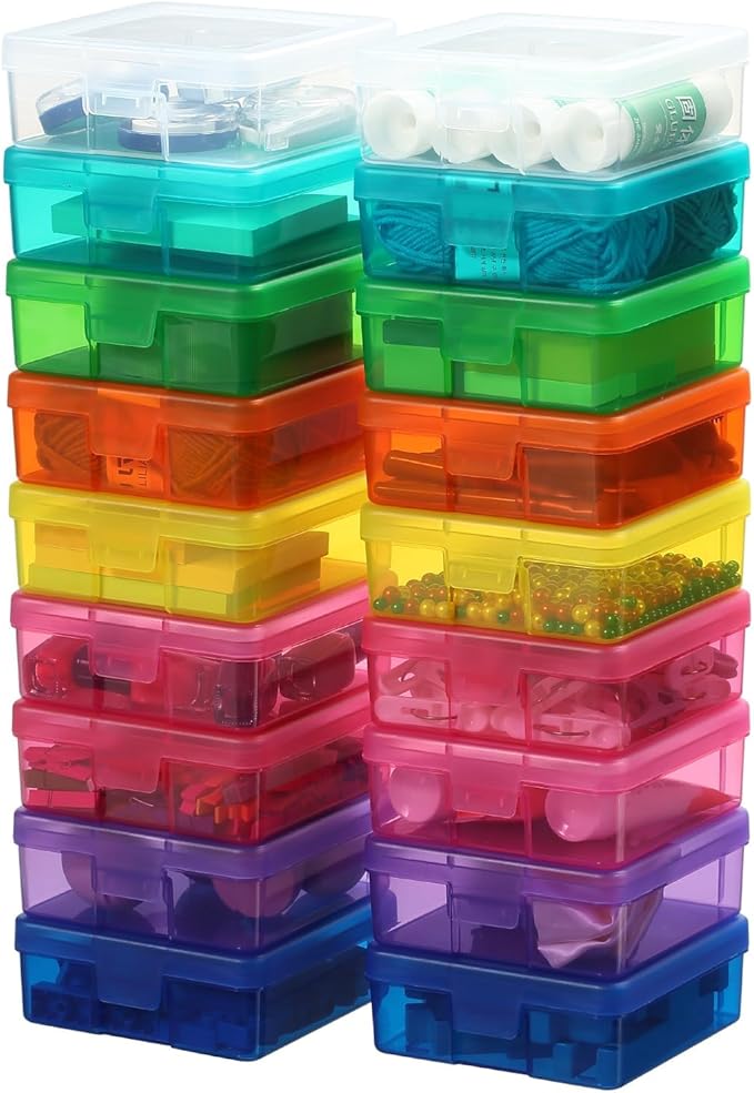 novelinks Stackable Plastic Clear Storage Box Containers with Latching Lid - Art Craft Supply Organizer Storage Containers for Pencil Box, Crayon, Beads, Jewelry (18 Pack Small -Color)