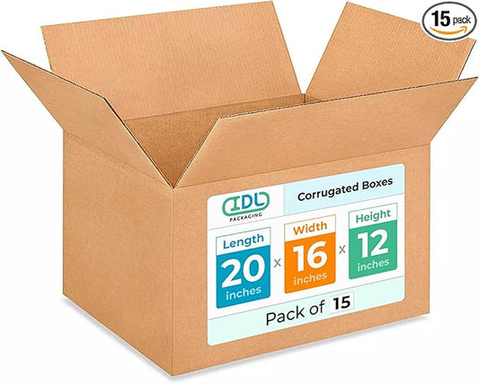 Large Shipping & Moving Boxes 20"L x 16"W x 12"H (15-Pack) - Extra Strength 200 lb vs Regular - Corrugated Shipping Boxes for USPS/UPS/FEDEX - Cardboard Box Moving - Large Box by IDL Packaging