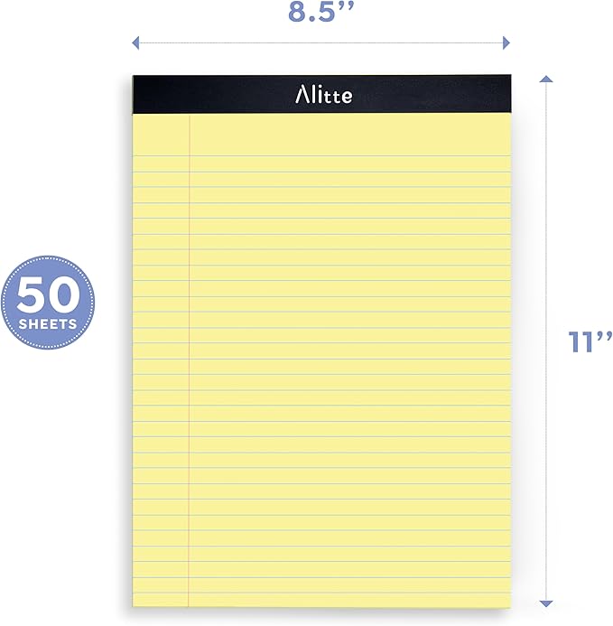 Alitte Yellow Legal Notepads 8.5 x 11, Pack of 12 - Perforated Wide Ruled Writing Pad - Premium Thick Paper, No Ink Bleeding - Blank Legal Pads For Home, Office, School, Business - 50 Sheets Per