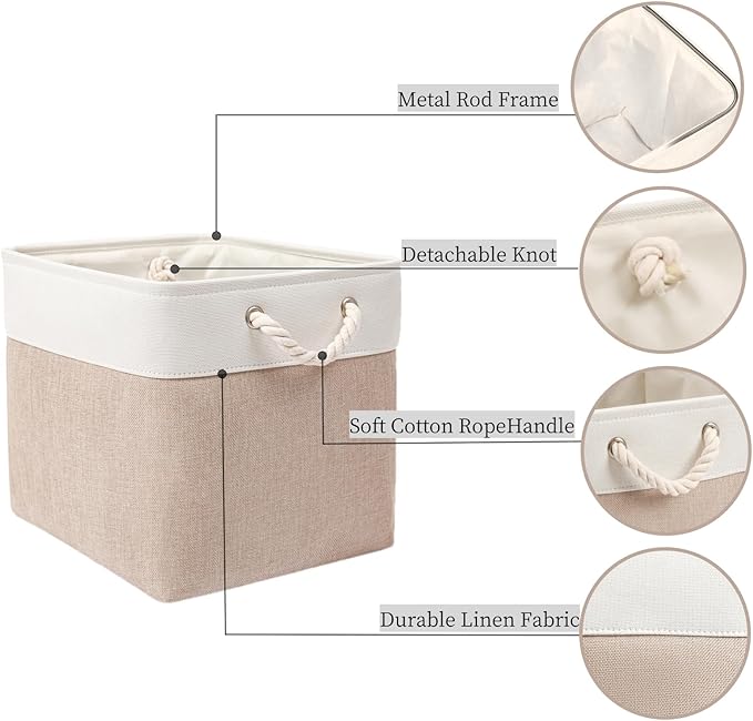 Mangata Canvas Storage Boxes, 11.8 Inch Cube Storage Bins Set of 6 for 12 Inch Cabinets, Fabric Baskets with Cotton Rope Handle for Organizing Clothes Nursery Home (Khaki/White)