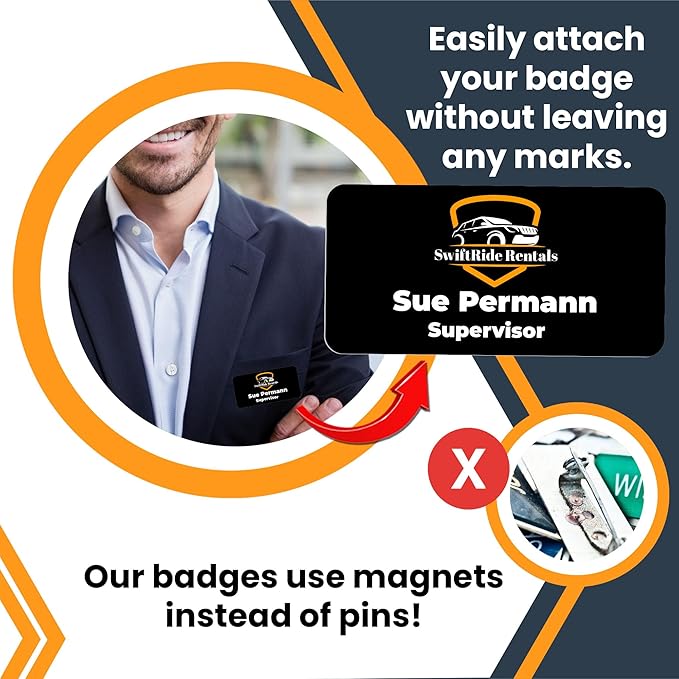 Magnet Me Up Custom Printed Magnetic Name Tag Badge with Logo on Top, 1.5x3 inch, Full-Color Customizable Identification Label, for Schools, Offices, Businesses, Made in USA