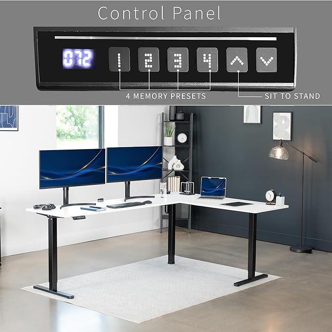 VIVO Electric Corner 84 x 63 inch L-Shaped Standing Desk, Memory Height Adjustment, White Top Black Frame, DESK-E3CTBW-84