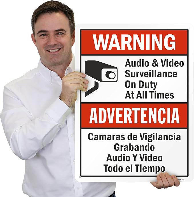 SmartSign 24 x 18 inch “Warning - Audio & Video Surveillance On Duty At All Times” Bilingual Sign, Digitally Printed, 55 mil HDPE Plastic, Red, Black and White, Made in USA