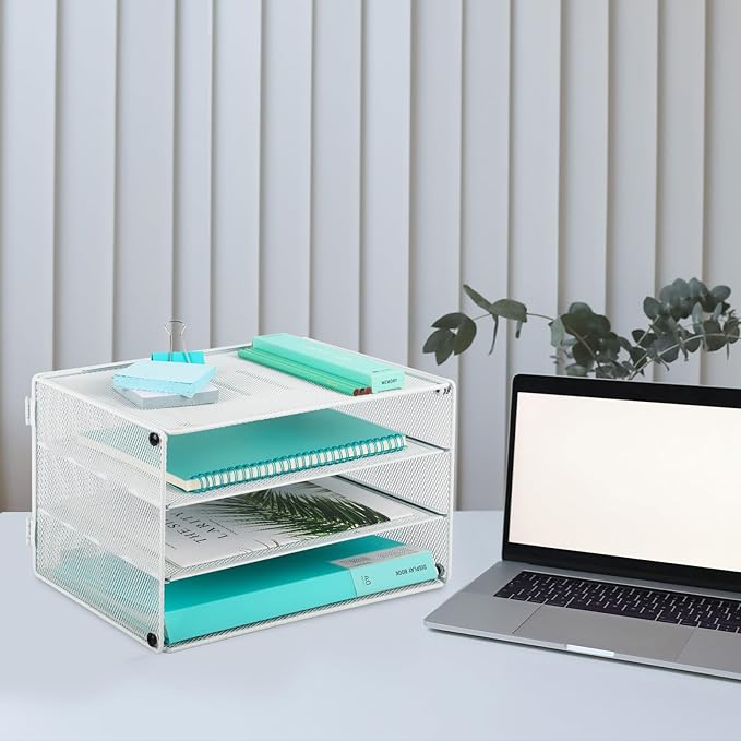 EASEPRES 3 Tier Mesh Desk Organizer Tray, Desktop Mail File Paper Letter Folder Holder Sorter Organization Rack Storage Accessories for Office Home School Classroom, White