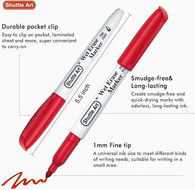 Shuttle Art Wet Erase Markers, 15 Colors 1mm Fine Tip Smudge-Free Markers, Use on Laminated Calendars,Overhead Projectors,Schedules,Whiteboards,Transparencies,Glass,Wipe with Water