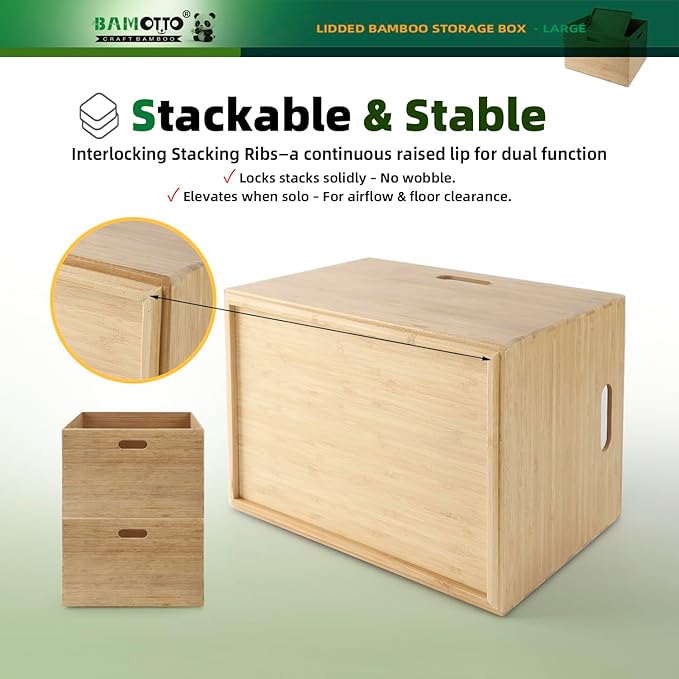 BAMOTTO Lidded Bamboo Storage Bins & Box/Cube/Basket, Home Kitchen and Office Storage Boxes with Handles & Stackable for Organizer Tableware, Crafts, Office Shelf Books, Large, 14.6”x10.2”x9.6”
