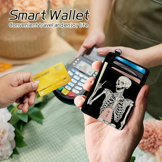 BWEGRHE Small Travel Wallets, Skull Skeleton Slim Minimalist Front Pocket Wallet with Wristlet, RFID Blocking PU Leather Credit Card Holder with ID Window Change Purse for Men Women
