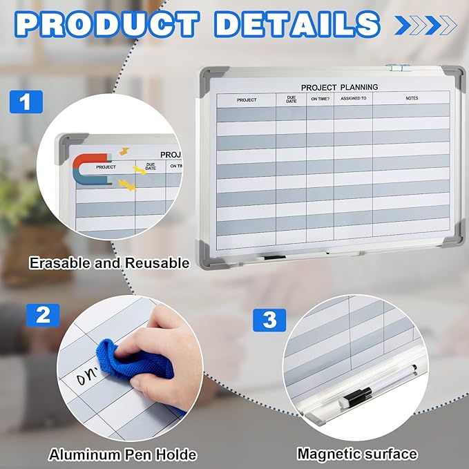 Lincia Project Planning Dry Erase Whiteboard Magnetic Dry Erase Board with Lines Sliding Marker Tray Aluminum Frame White Board Planner for Wall Project Scheduling Track Office Supplies(18"x12")
