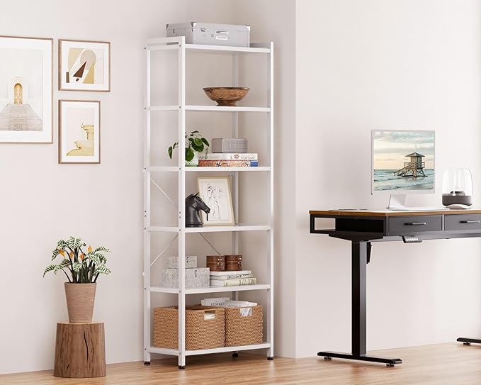 Casaottima Book Shelf, 6 Tier Tall Bookshelf, Modern Wood Bookcase Shelves for Bedroom, Industrial Display Shelf for Living Room Home Office Kitchen, Standing Shelving Unit Storage Organizer, White
