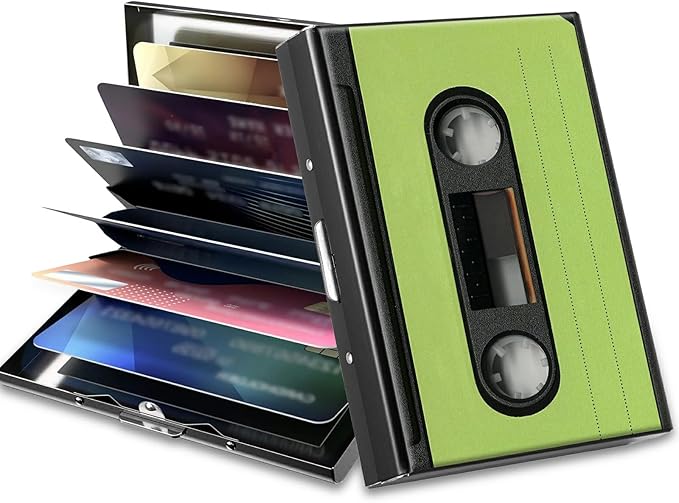 BWEGRHE Slim Credit Card Holder, Green Tape Cassette RFID Blocking Metal Wallet for Men & Women, Aluminum Minimalist Hard Case Pocket-Sized Business Cards Organizer (Fits Up to 10 Cards)