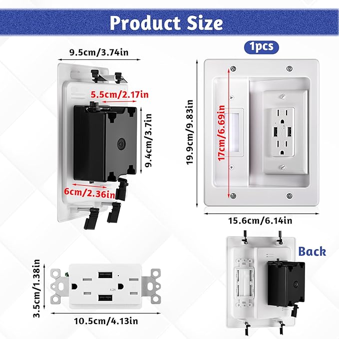 in Wall Cable Management Kit with Brush Wall Plate, AC Outlets & USB Ports, Recessed Outlet Box, for Walls Mount TV with Cable Management Box, in Walls TV Connection Kit for Home Theater Systems