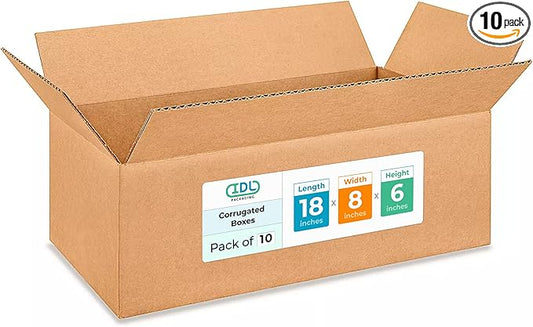 Medium Shipping & Moving Boxes 18x8x6 inches (10-Pack) - Extra Strength 200 lb vs Regular - Corrugated Packing Boxes for USPS/UPS/FEDEX - Cardboard Box for Moving - Carton Box by IDL Packaging