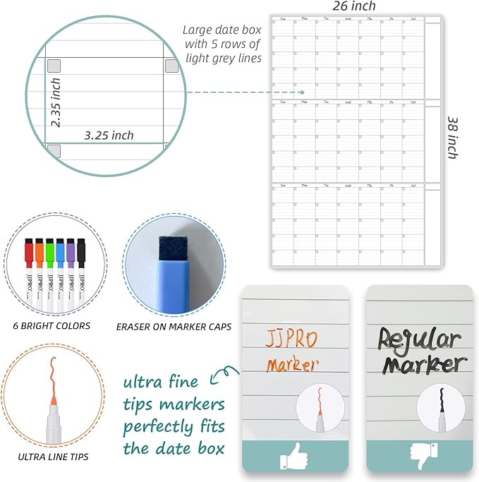 Dry Erase Wall Calendar 3 Month Calendar - Blank Undated Reusable Quarterly Calendar - Whiteboard Premium Laminated Poster - Laminated Office Jumbo 38x26 Inches Wall Calendar (Vertical)