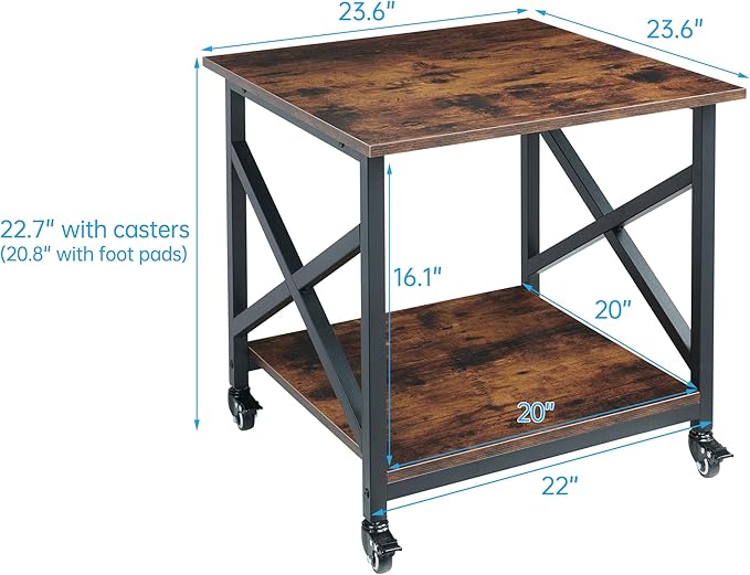 Fannova Large Printer Stand, 23.6 x 23.6 x 22.6 Inches Square Printer Table with Storage Shelf, 2 Tier Rolling Printer Cart with Industrial Wheels for Home Office - Rustic Brown