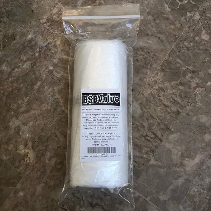 BSBValue Shredder Bags, Use for Small Shredders, This Commercial Size Bag Is Called a 10 Gallon Size Bag It has a 47.5 Inch Circumference, It Fits Most 6 to 7 Gallon Size Shredders, 1 Roll of 100 Bags