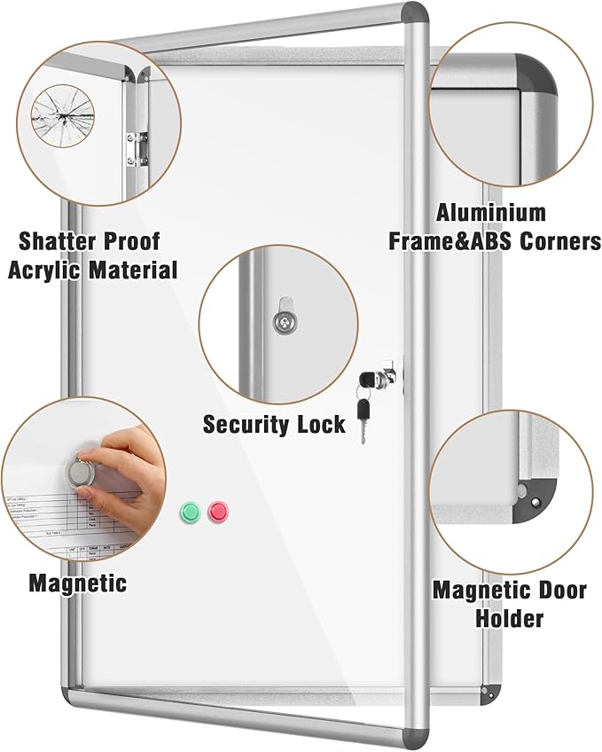 Mifuro 36"x24" Enclosed Bulletin Board, Lockable Weather-Resistant Aluminum Noticeboard for School & Office, Silver Frame w/Magentic Whiteboard