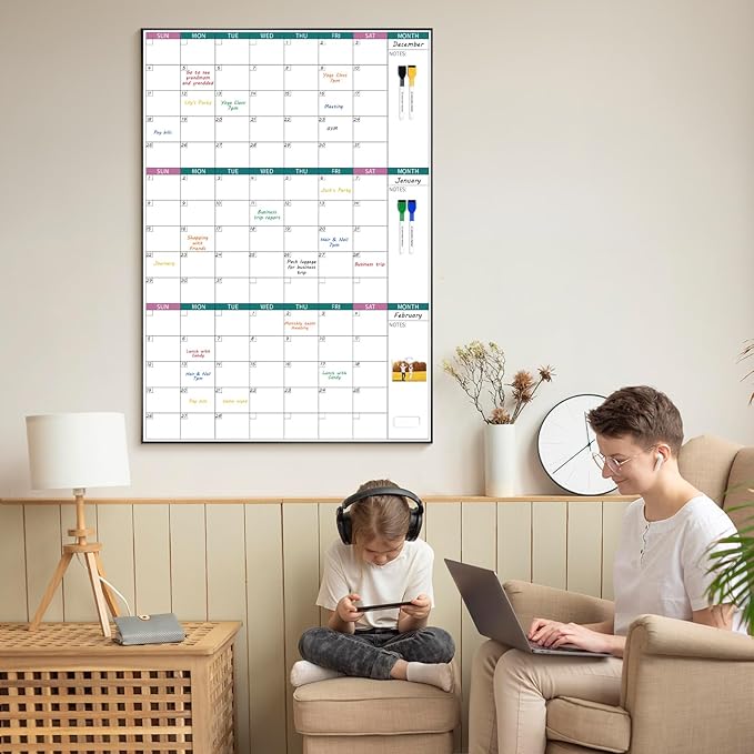 ARCOBIS 3-Month Dry Erase Calendar for Wall, 39"x28" Magnetic Whiteboard Calendar with Black Aluminum Frame, Monthly Calendar Board for Office, Home, School