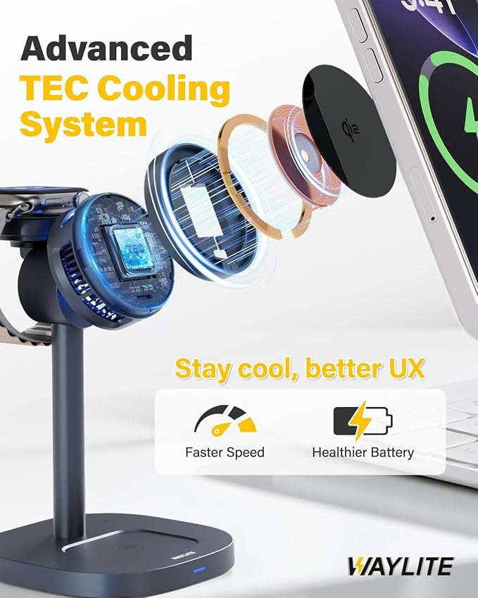 3 in 1 Wireless Charging Station for Apple MagSafe Charger Stand,15W Qi2 Fast Phone and Watch Charger with TEC Cooling, Magnetic Wireless Charger for iPhone17 16 15 14 13, Apple Watch, AirPods, Gray