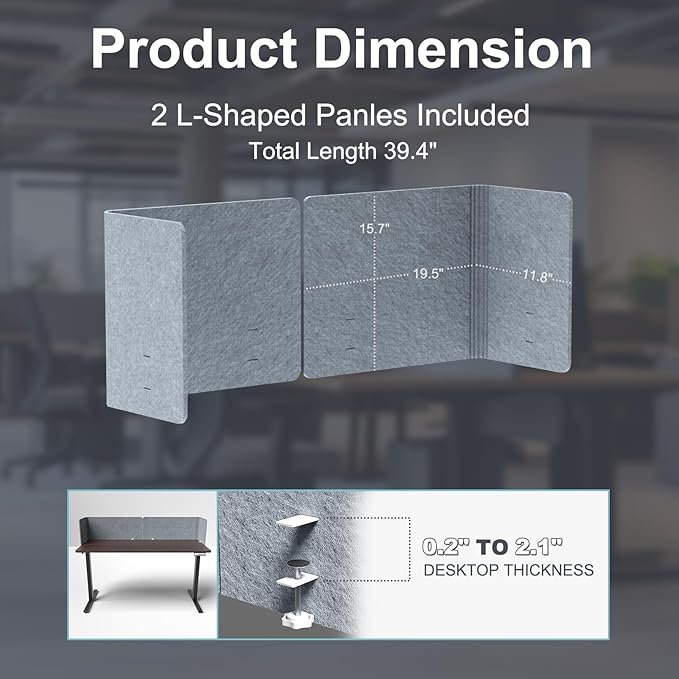 ERGO COLLECT Desk Privacy Panel,2PCS L-Shaped Clamp-On Office Desk Divider,2-in-1 Adjustable Acoustic Desktop Partition Or Under Desk Modesty Screen,for Office,Home,Felt (Grey, 39.4" x 15.7")