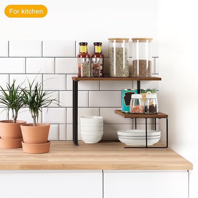 Vrisa Desk Shelf Organizer Rotating Corner Rack 2 Tier Rotating Desktop Shelf Stackable Display Rack Desk Organizer Countertop Home Organization for Office, Kitchen